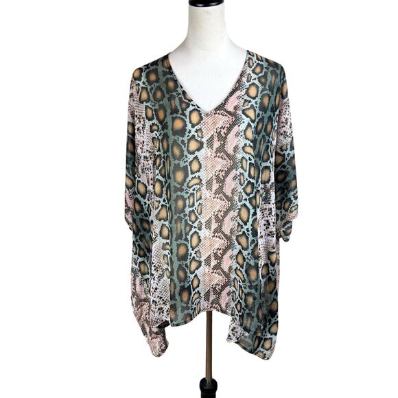 Adrienne Snake Python Print Chiffon Sheer Oversized Poncho Tunic Blouse - Picture 1 of 11